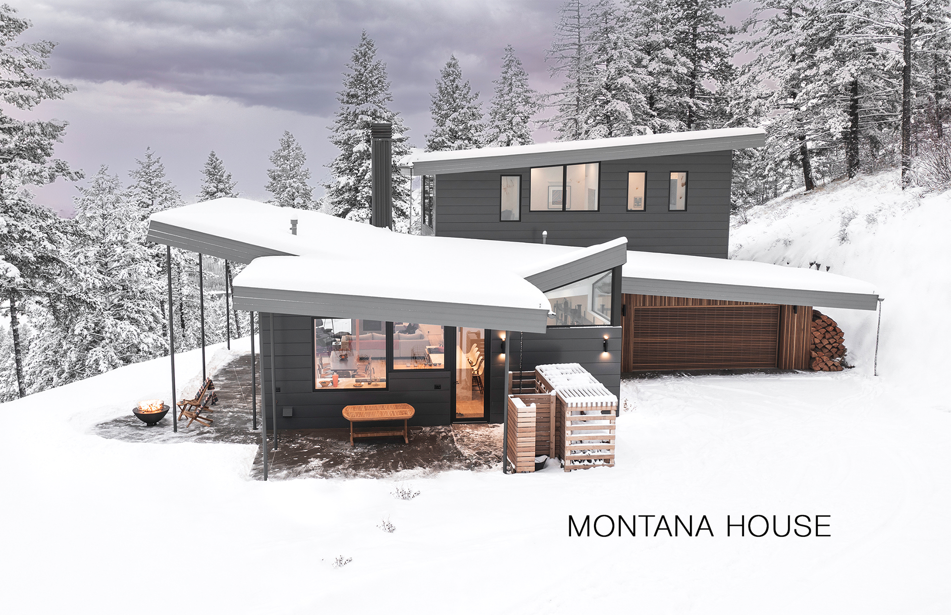 Outdoor covered thermal pavilion with stone fireplace and dining area
