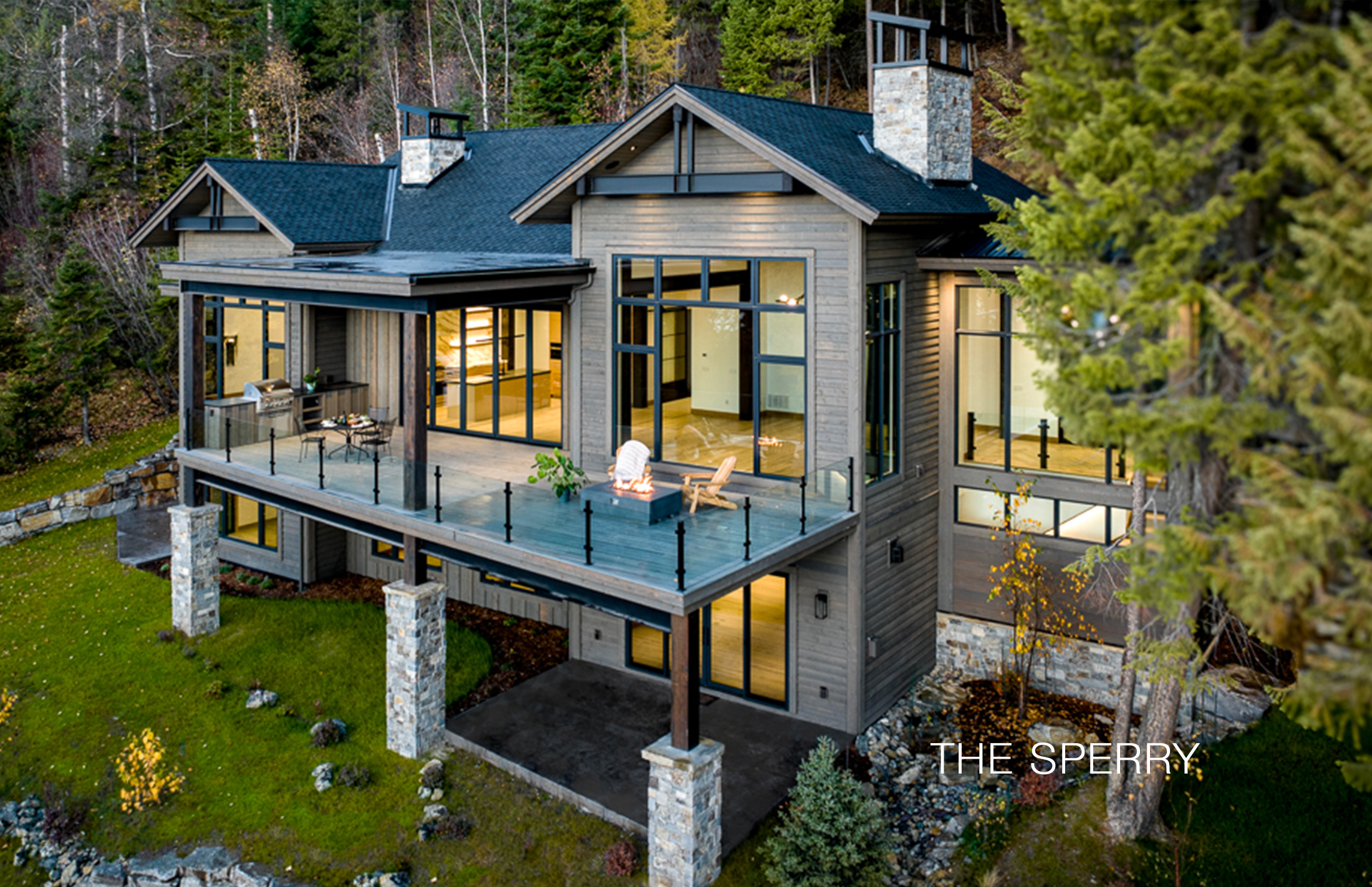 Custom split-face granite structural columns and interior fireplace