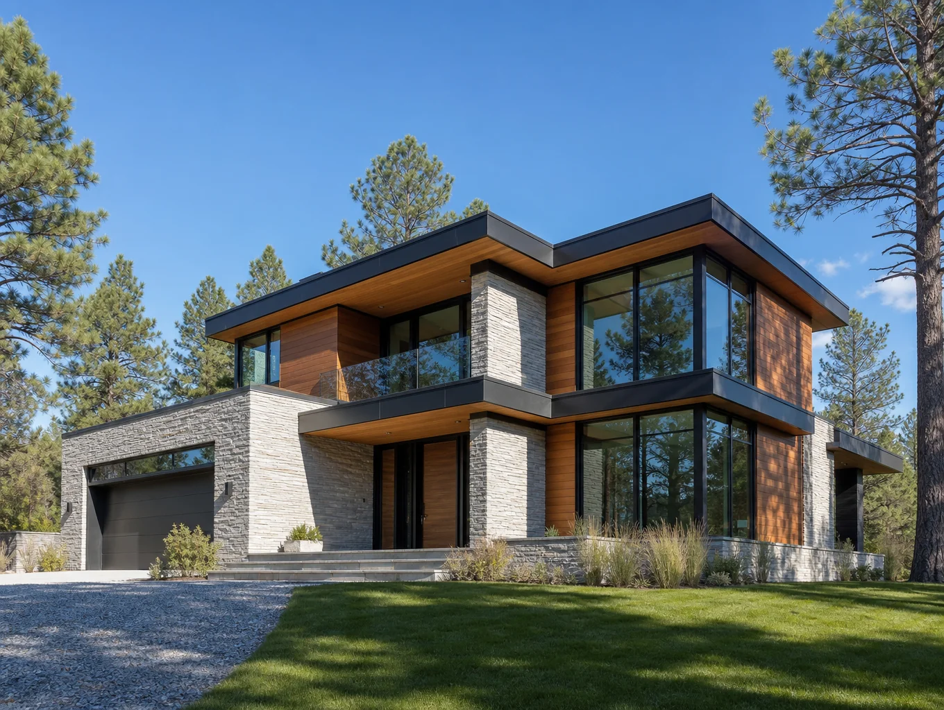 High-angle perspective of custom residence integrated seamlessly into wooded topography
