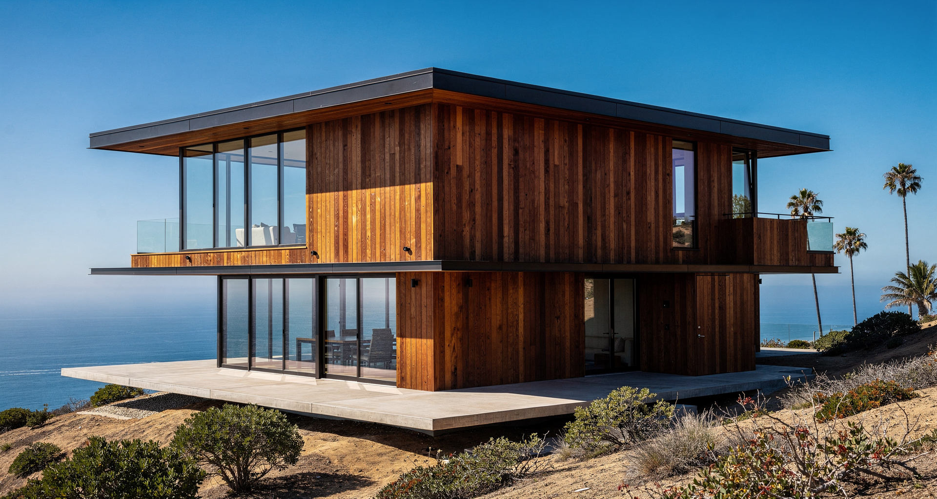 Cloud House architectural exterior with board-form concrete and aged cor-ten steel in Montana