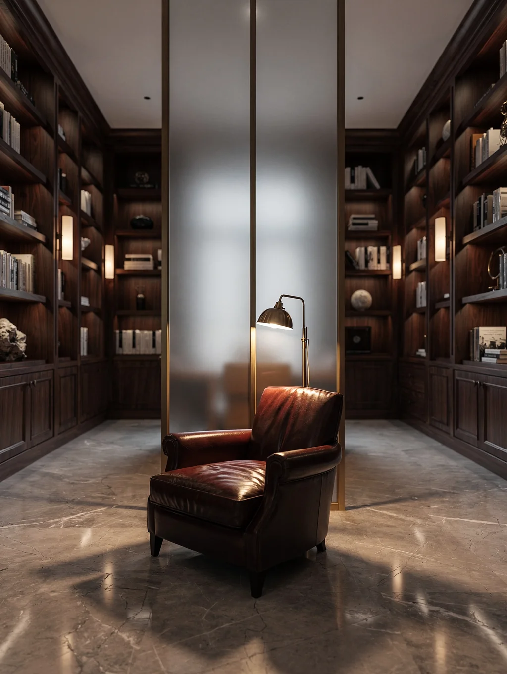 Two-story private library with walnut millwork and rolling brass ladder