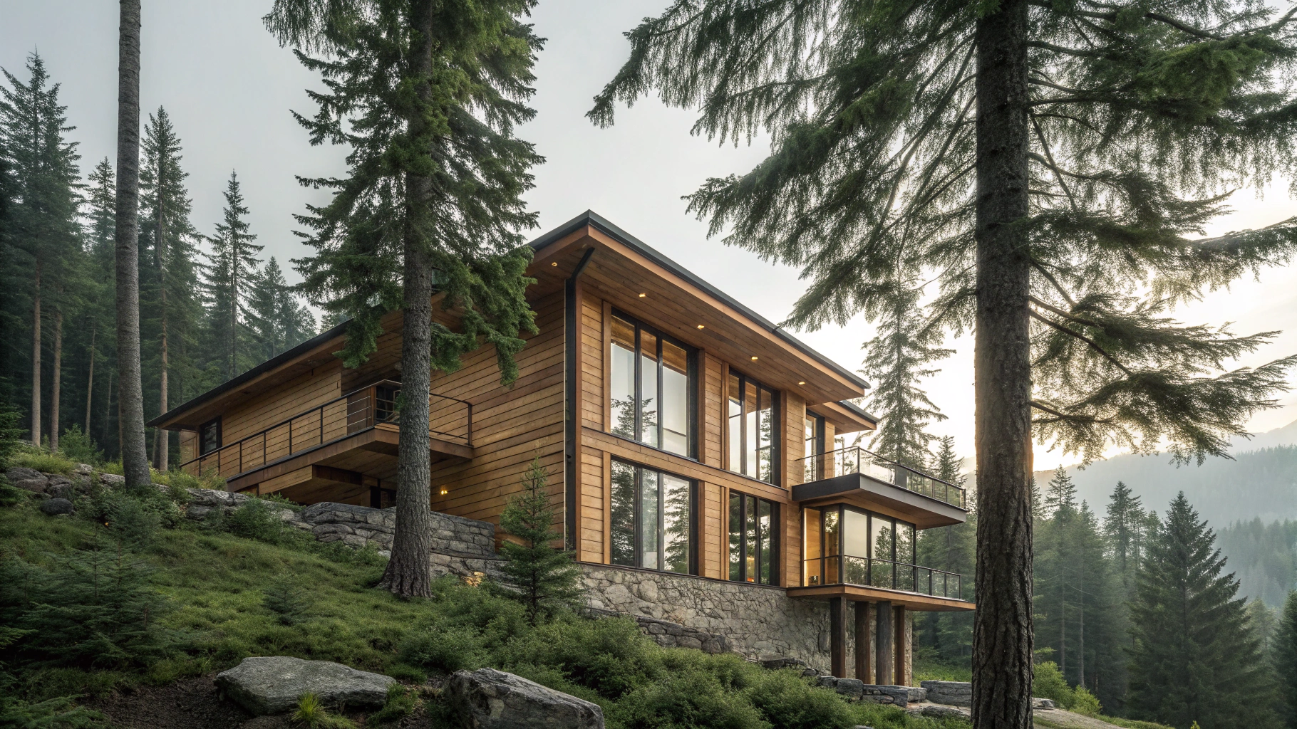 Forest Home exterior embedded in Montana pine canopy