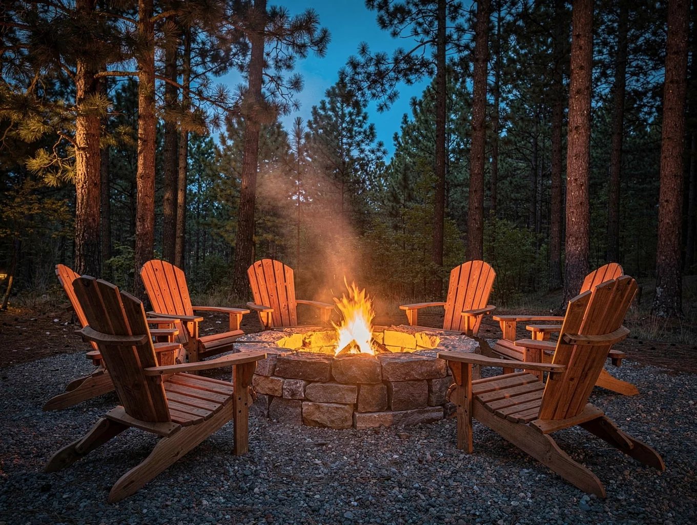 Sheltered outdoor stone hearth glowing with wood fire during gentle winter snowfall